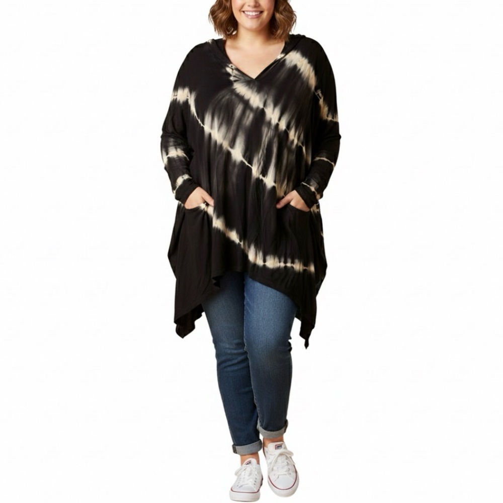Grunge Avenue Tie Dye Hoodie 18/20 Black Lightweight Tunic Long Top Bohemian